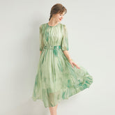 Womens Silk Chiffon Midi Dress Half Puff Sleeve Floral Silk Dress